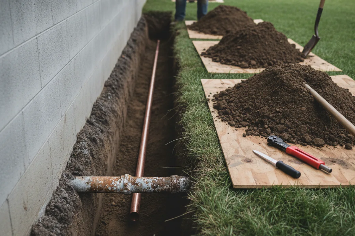 Excavated water line trench during Water Softener Installation in Garland